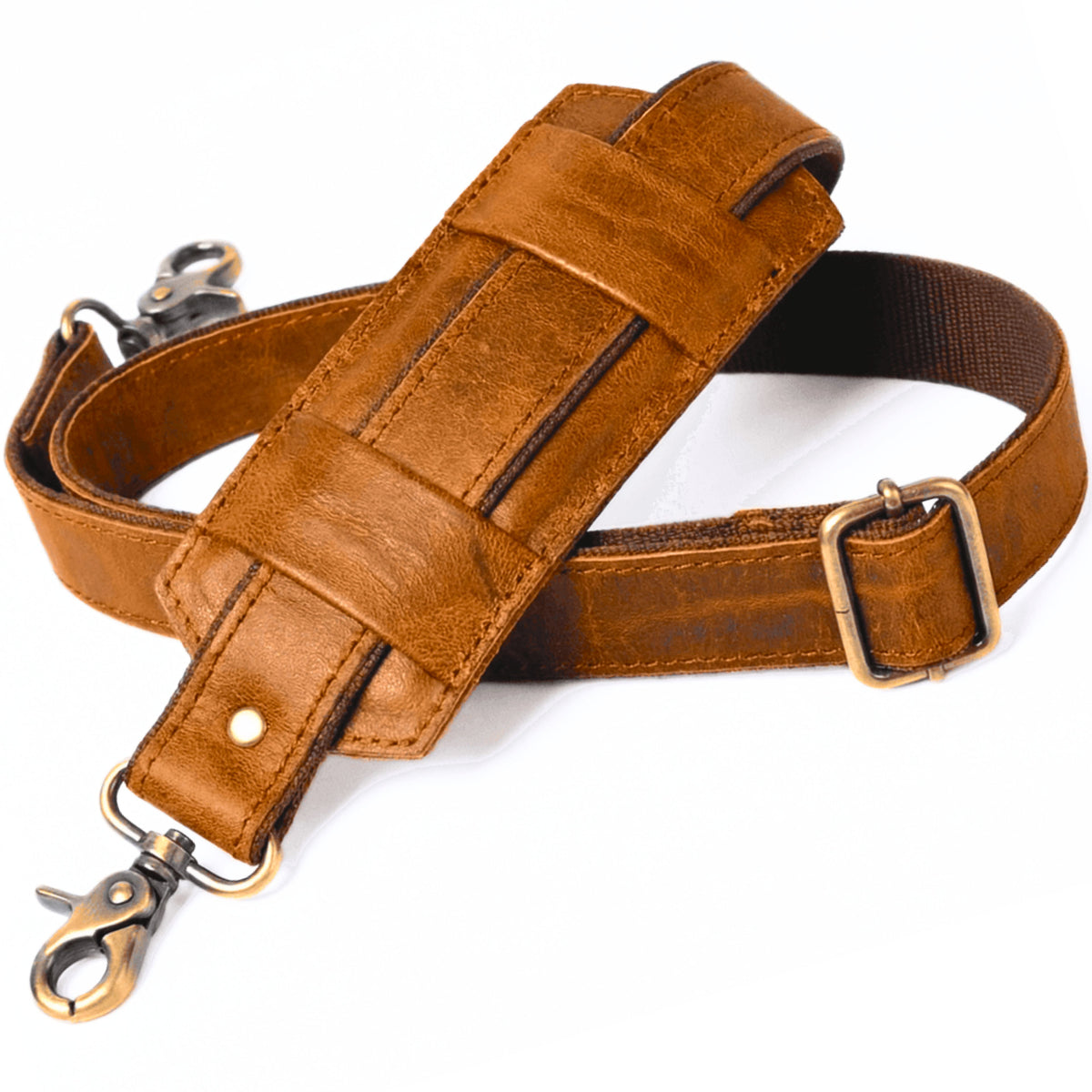 DEKVIO Tan leather shoulder strap shown full length with adjustable buckle and swivel hooks
