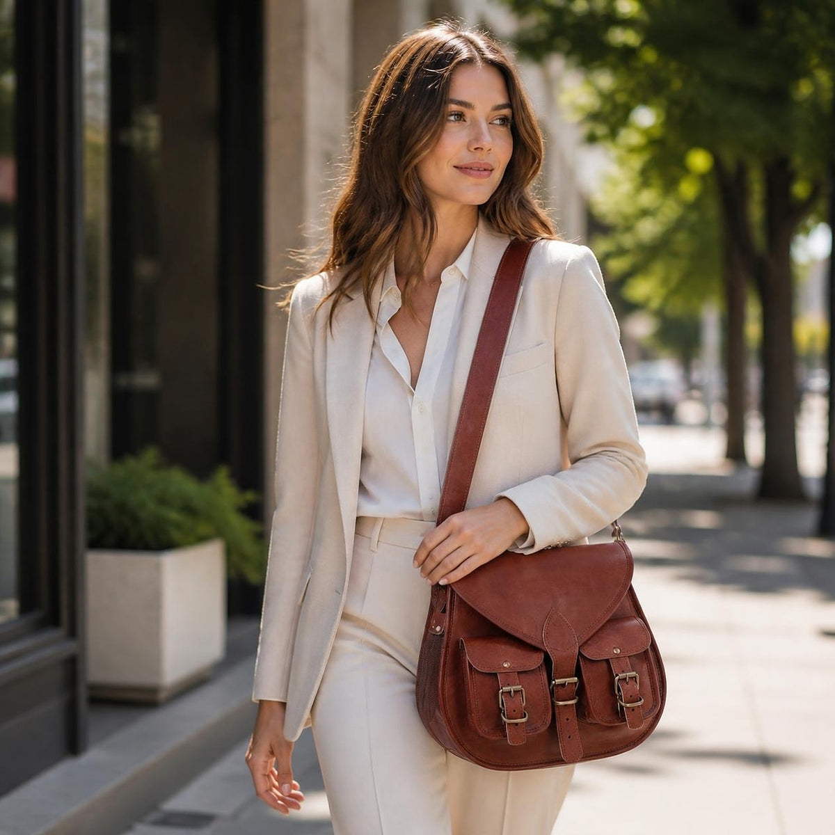 Woman wearing the DEKVIO twin-pocket leather saddle crossbody bag on a street