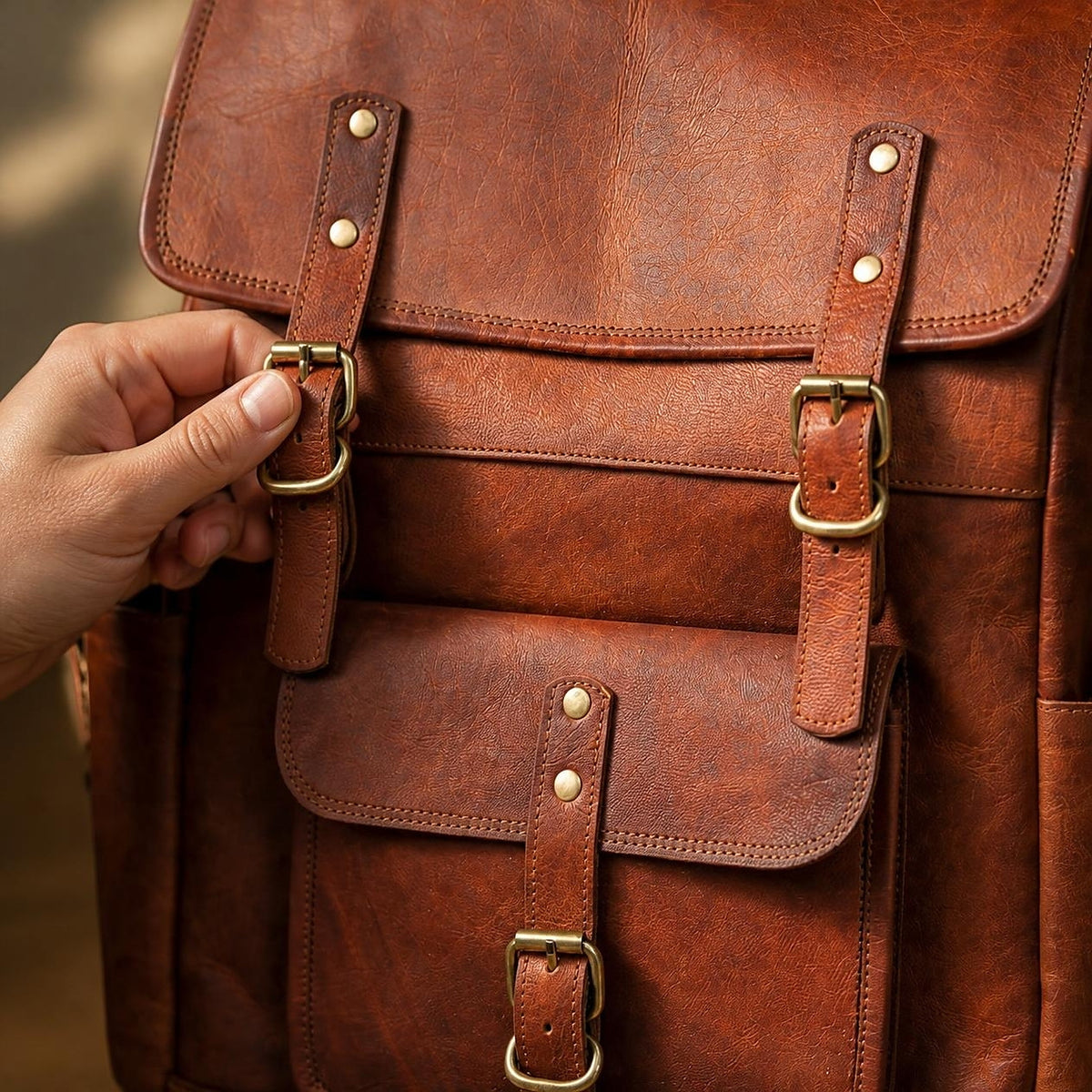 Close-up of the antique brass buckles on the DEKVIO Utility leather backpack