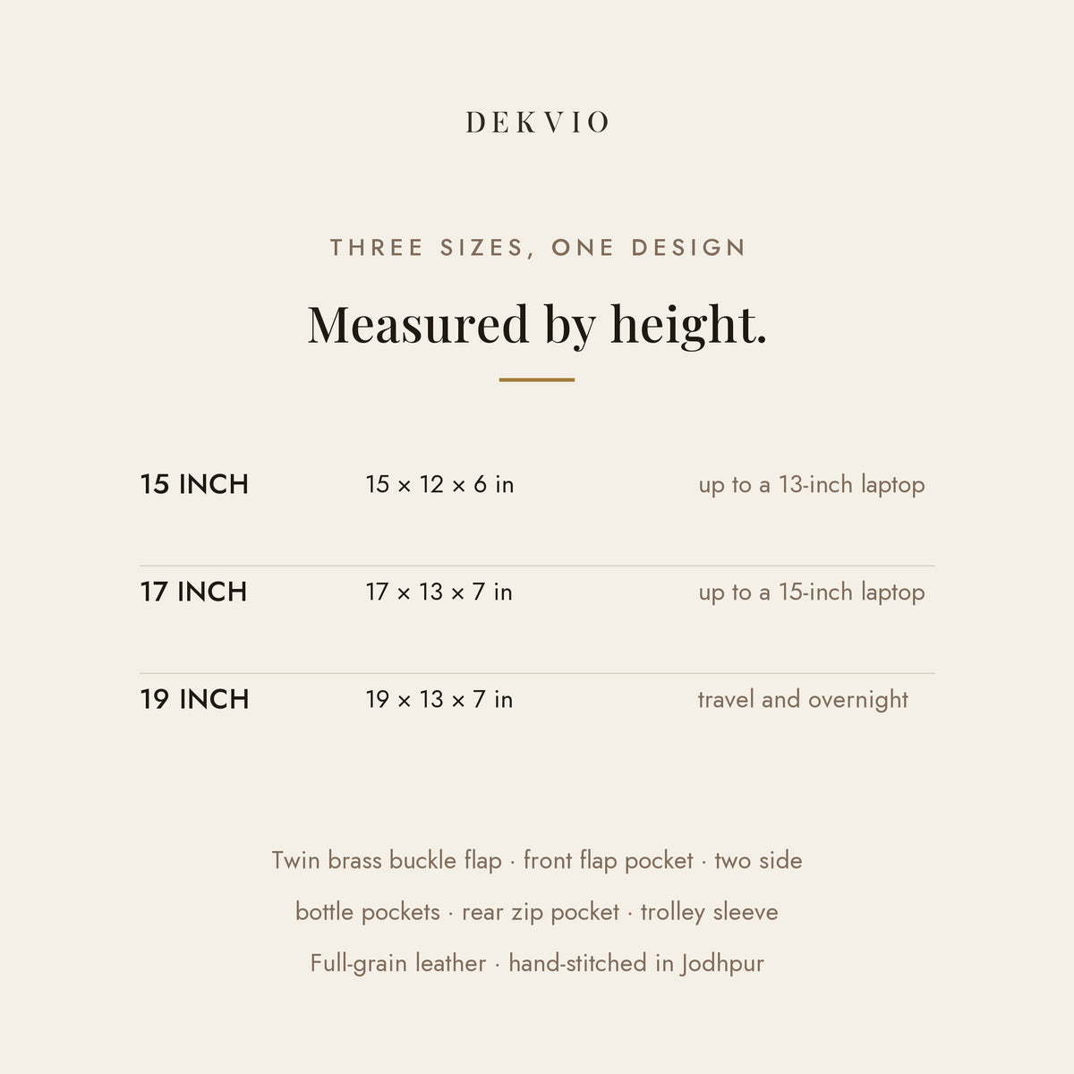 DEKVIO Utility leather laptop backpack size guide with dimensions