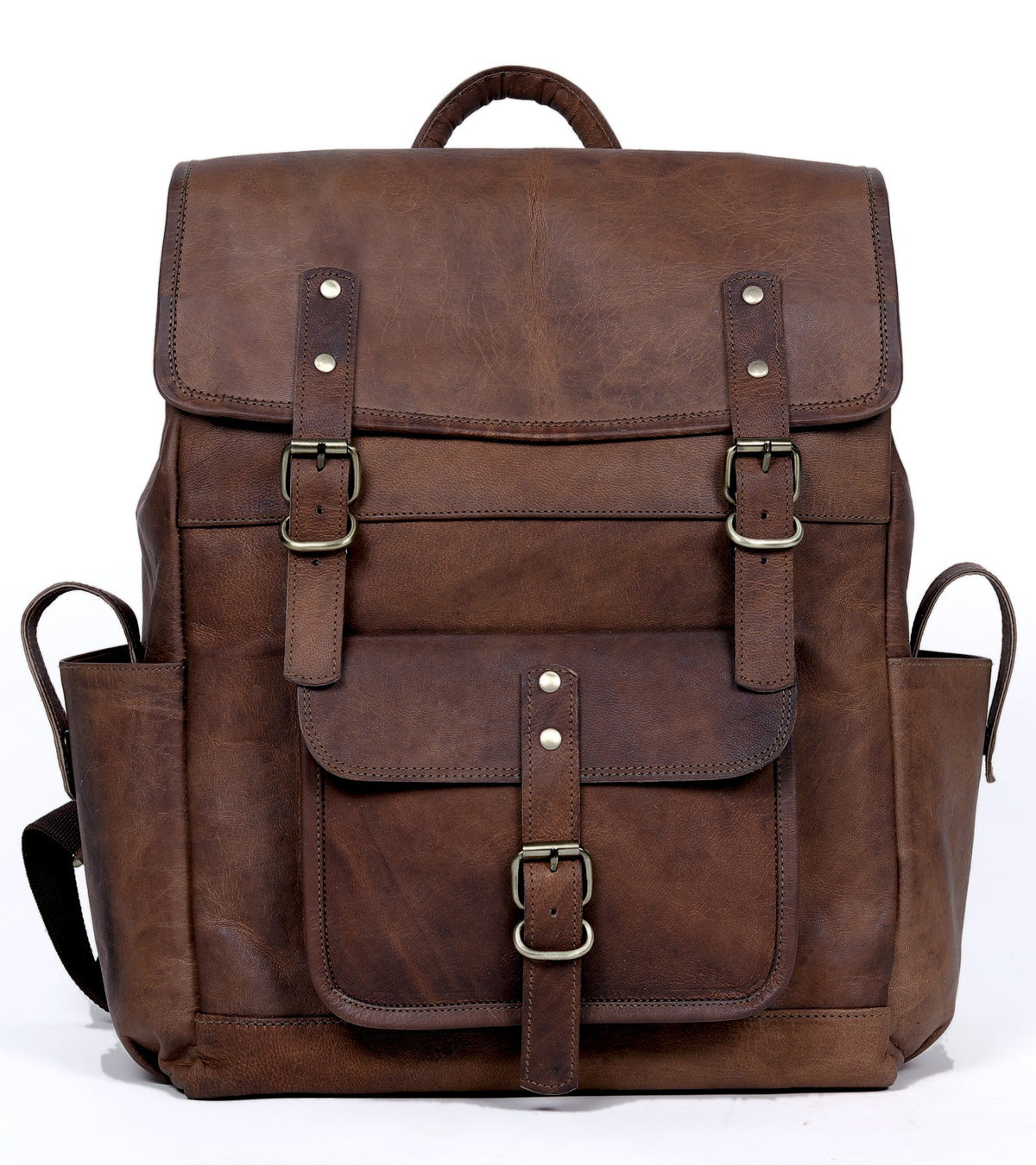 DEKVIO utility leather laptop backpack in Coffee dark brown, front view