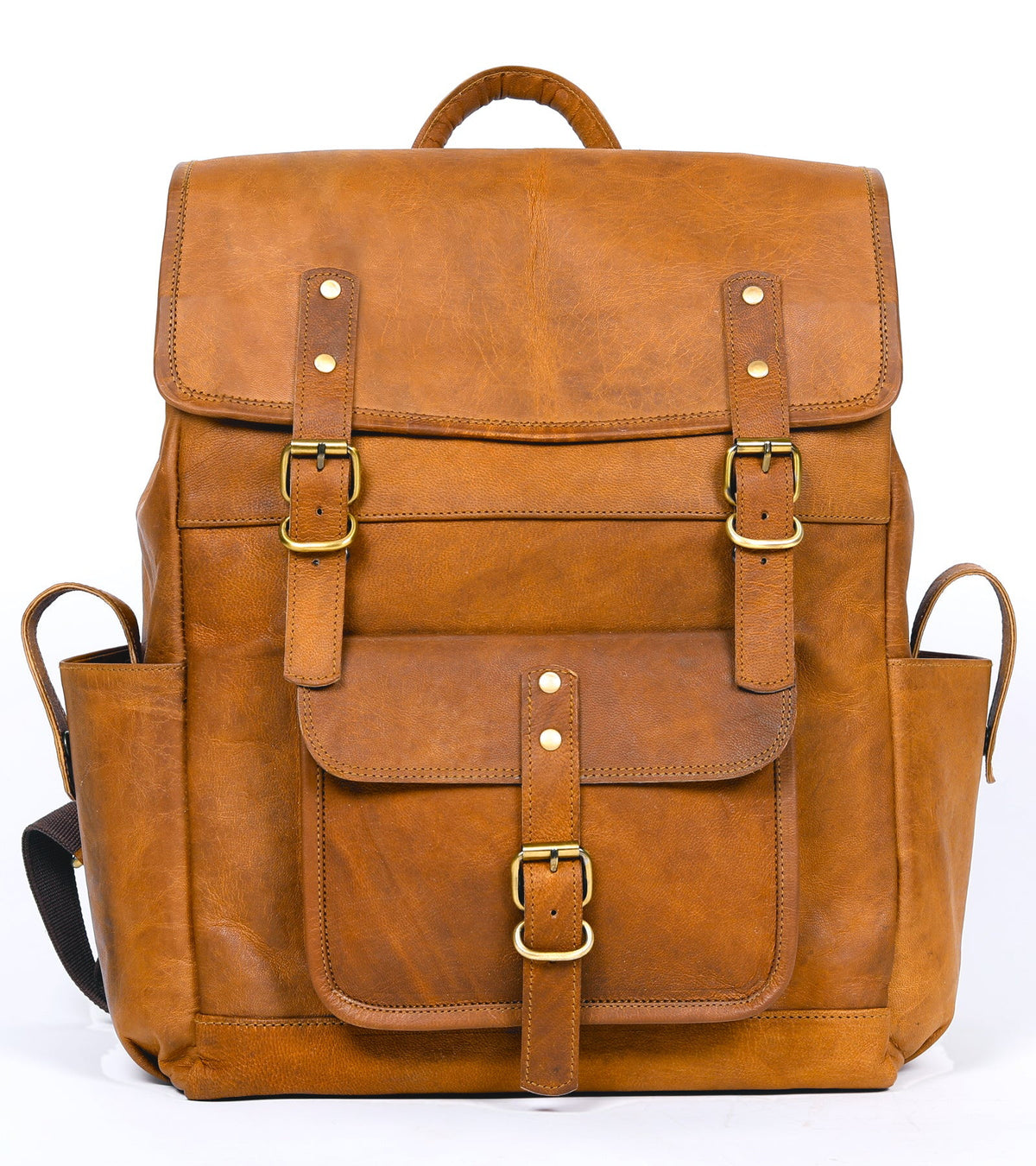 DEKVIO utility leather laptop backpack in Tan, front view