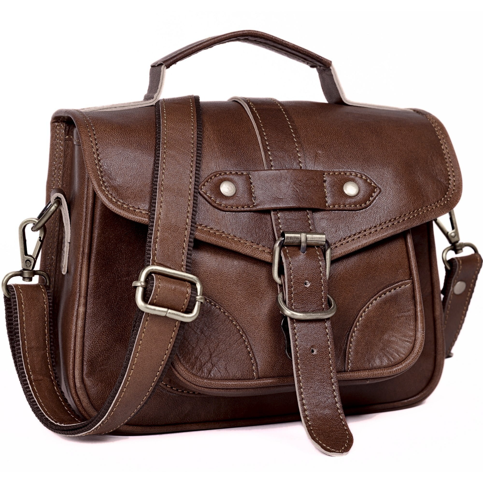 DEKVIO vintage leather crossbody satchel purse in Coffee dark brown