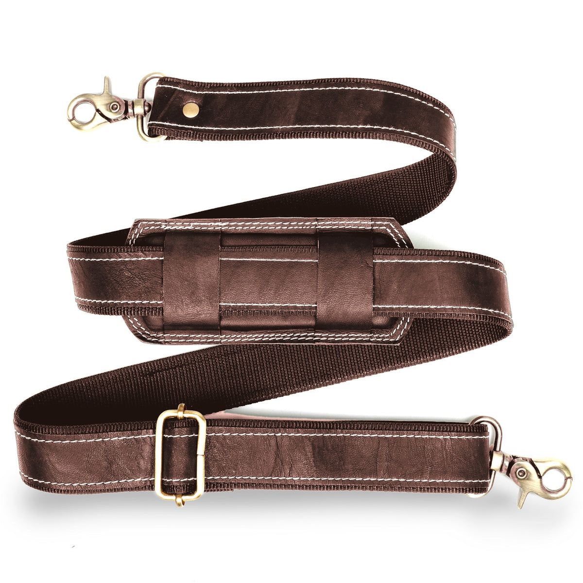 DEKVIO white-stitch leather bag strap in Coffee dark brown, with white contrast stitching and antique brass swivel hooks