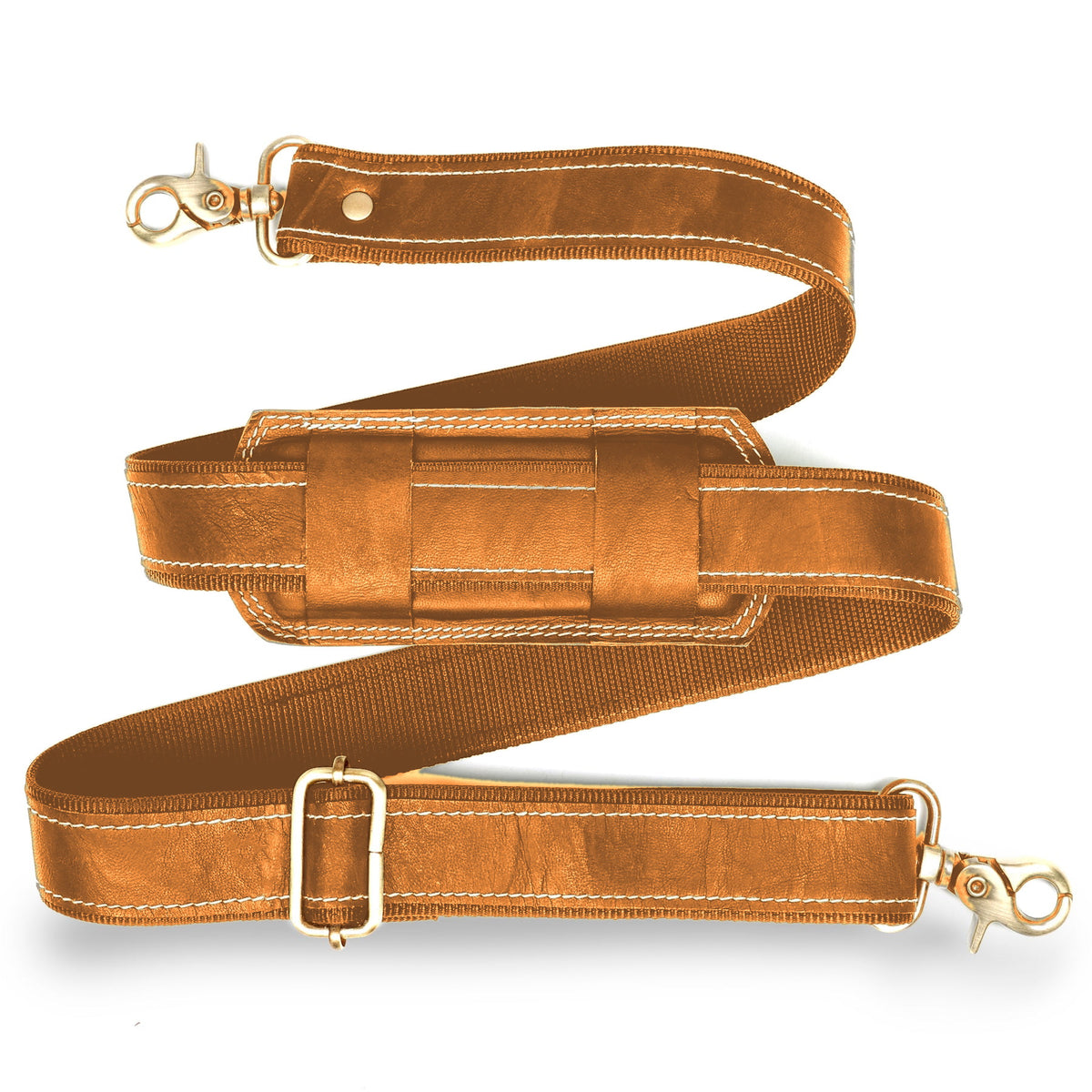 DEKVIO white-stitch leather bag strap in Tan, with white contrast stitching and antique brass swivel hooks