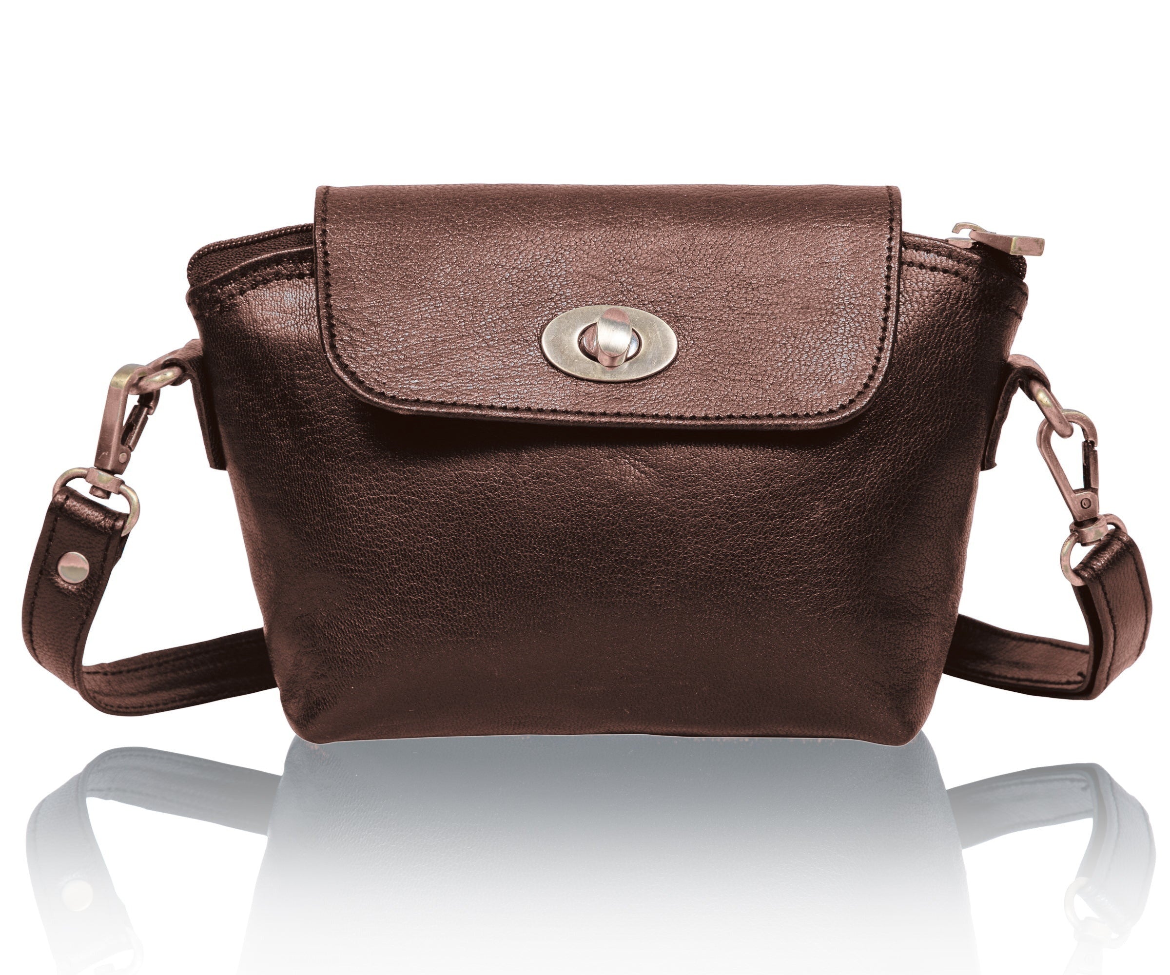 DEKVIO women's small multi-pocket leather crossbody purse in Coffee dark brown