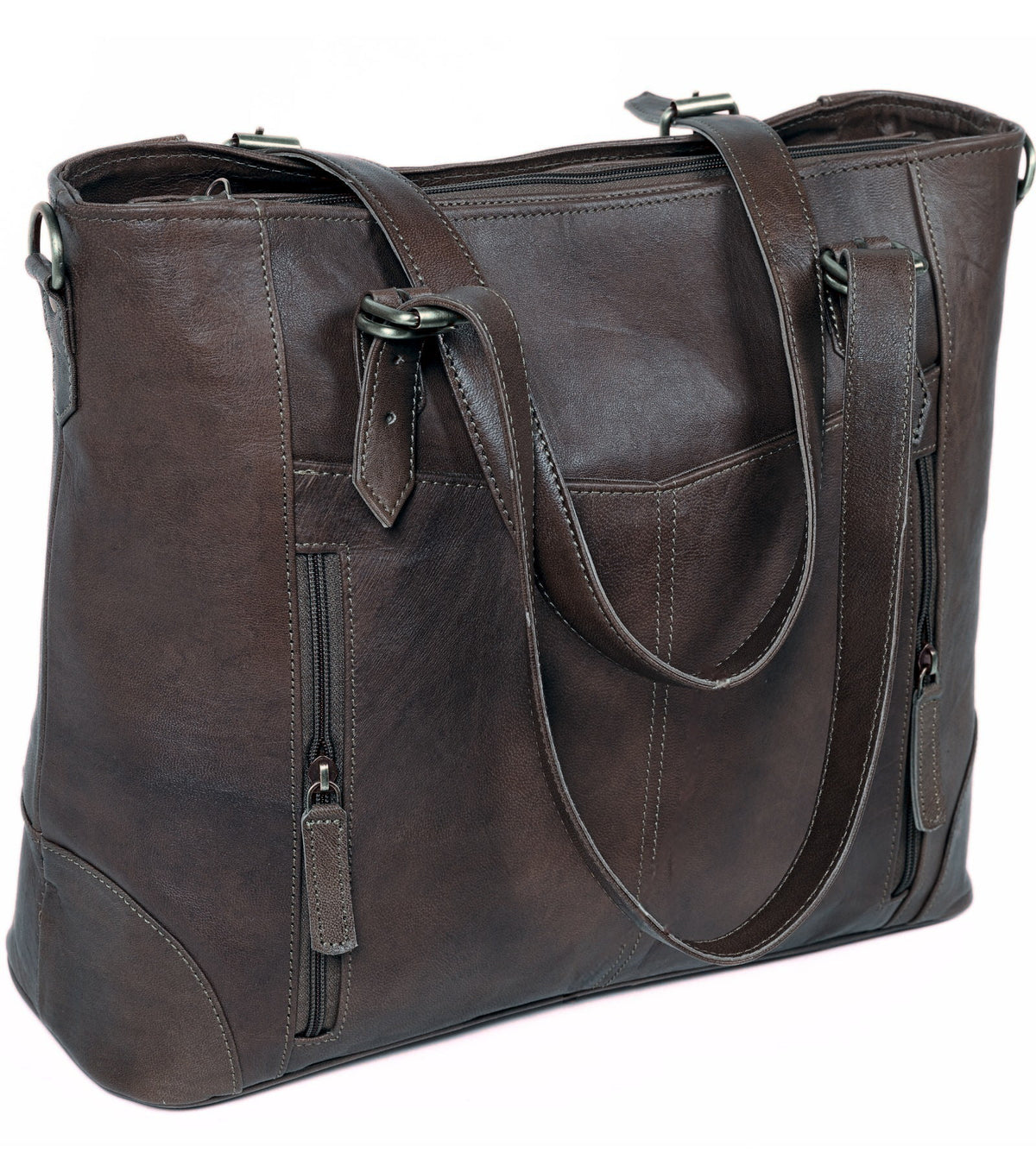DEKVIO zip-front leather laptop tote in Black, front view