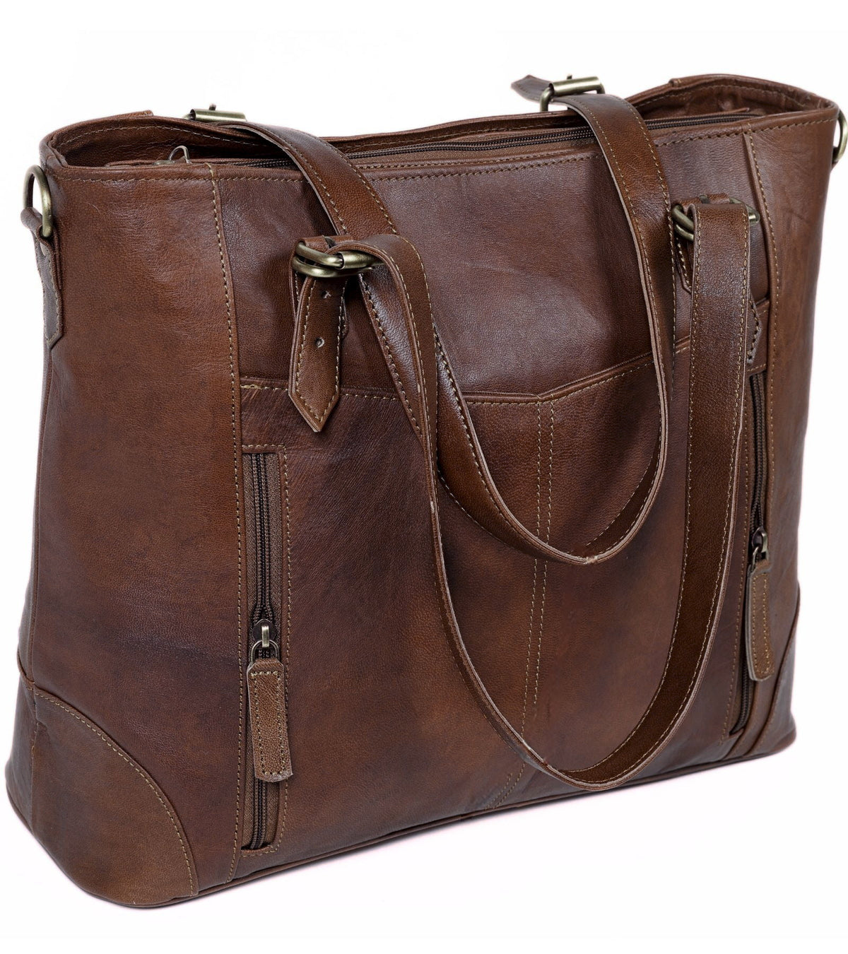 DEKVIO zip-front leather laptop tote in Coffee dark brown, front view