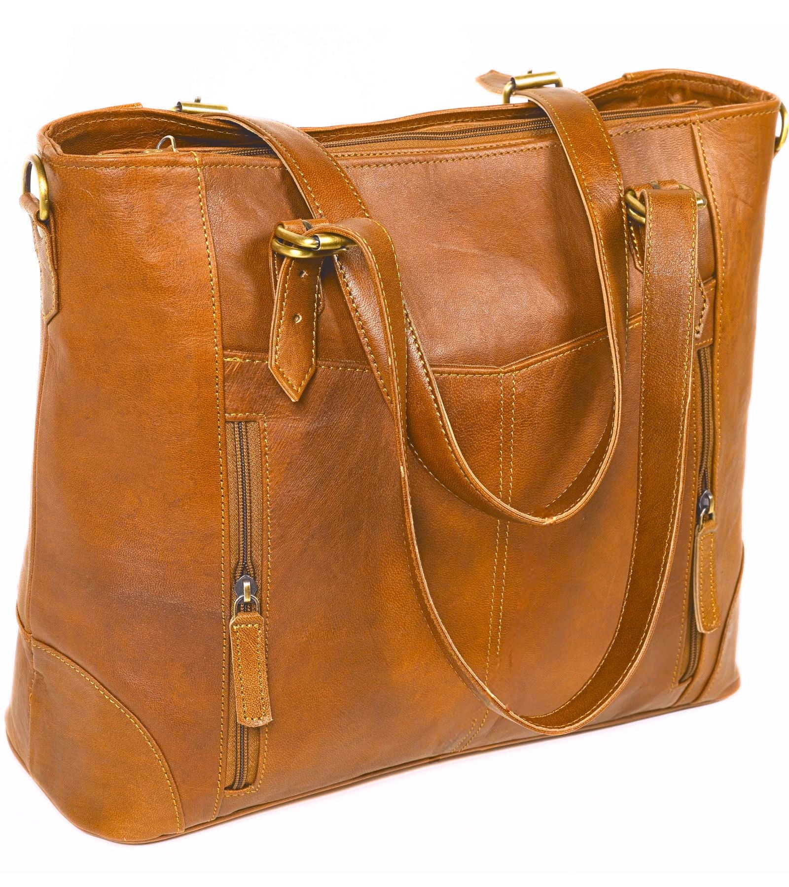 DEKVIO zip-front leather laptop tote in Tan, front view