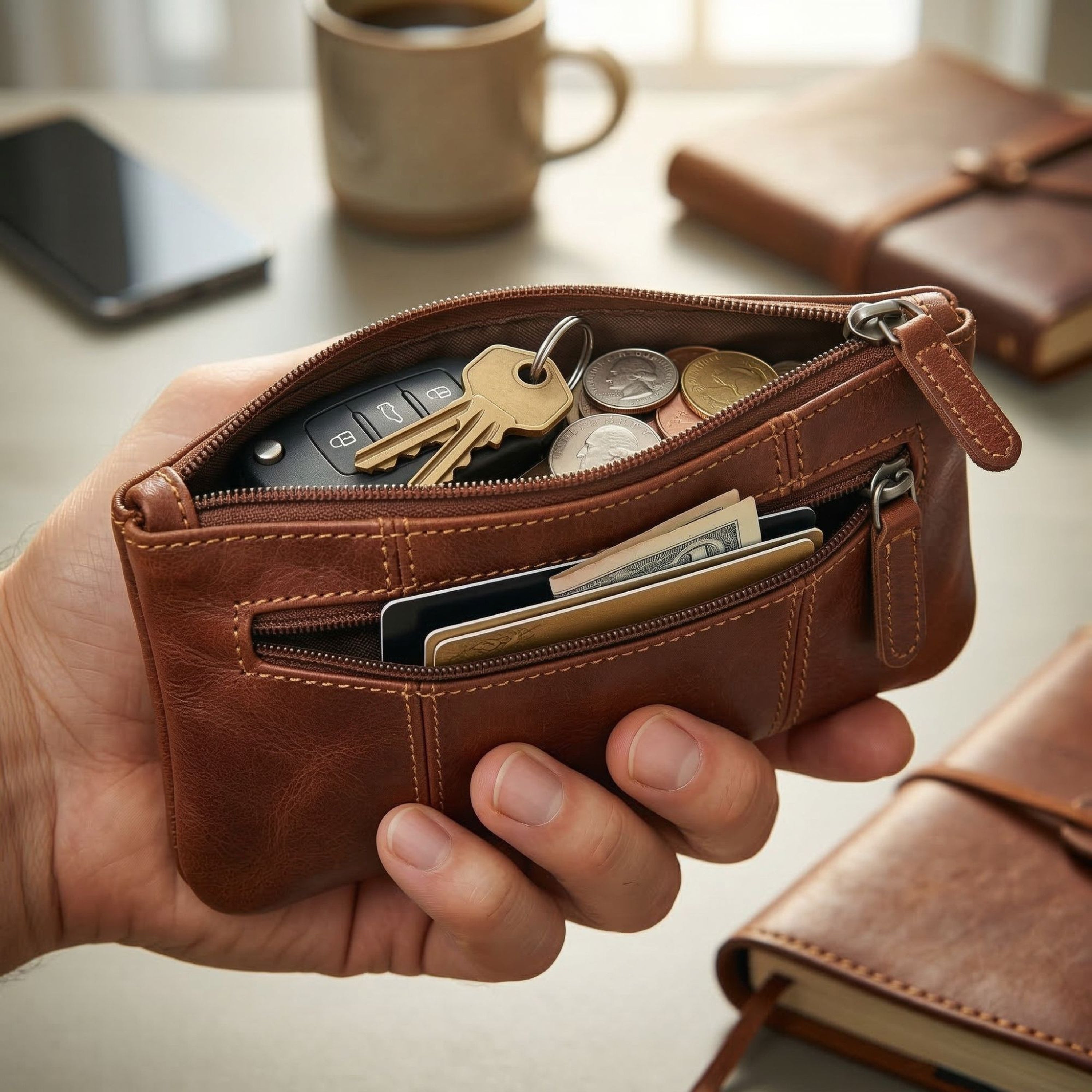 DEKVIO Leather Pencil Case Zipper Pouch Genuine Leather Pen Holder Utility Coin Purse Cosmetic Bag for Men Women