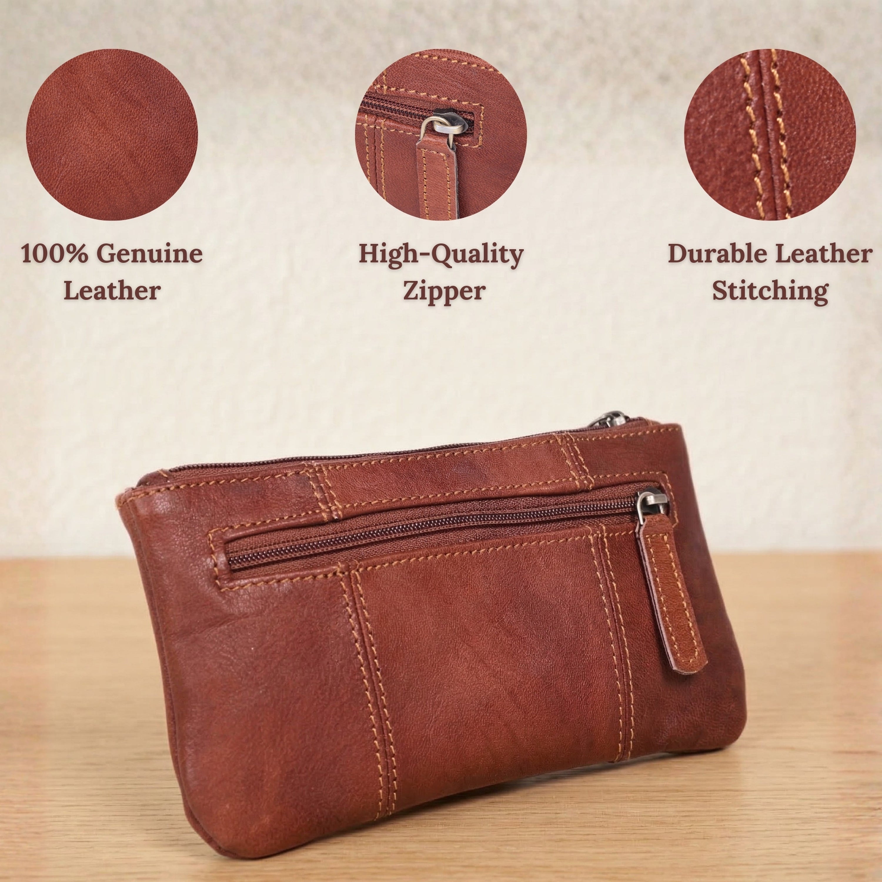 DEKVIO Leather Pencil Case Zipper Pouch Genuine Leather Pen Holder Utility Coin Purse Cosmetic Bag for Men Women