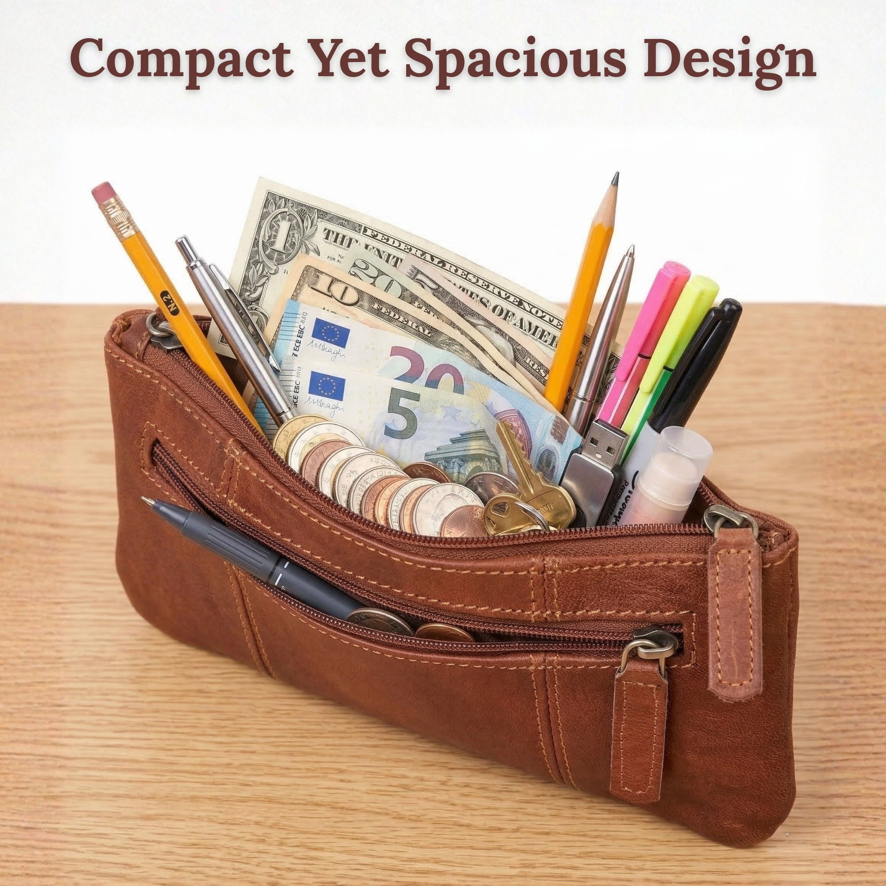 DEKVIO Leather Pencil Case Zipper Pouch Genuine Leather Pen Holder Utility Coin Purse Cosmetic Bag for Men Women