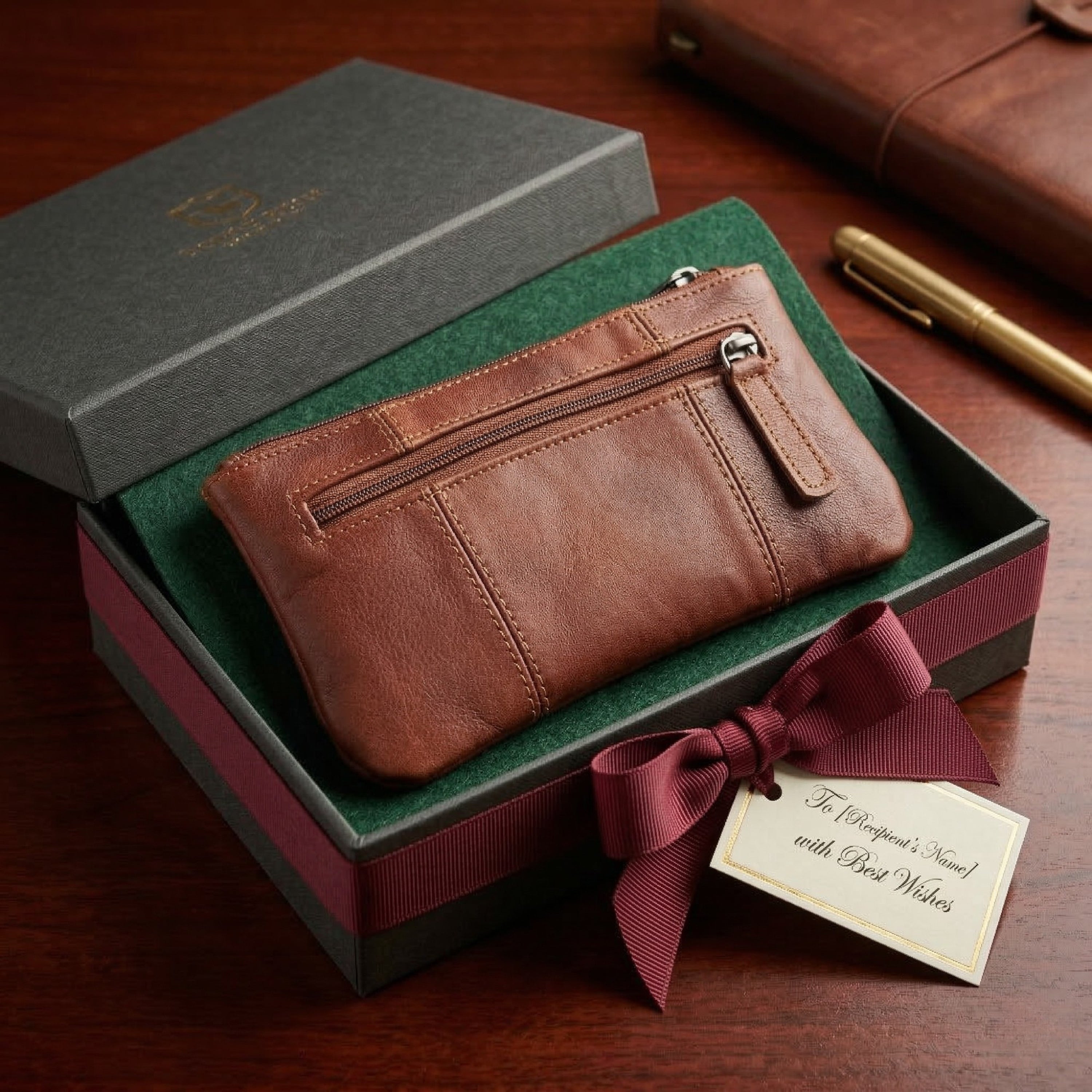 DEKVIO Leather Pencil Case Zipper Pouch Genuine Leather Pen Holder Utility Coin Purse Cosmetic Bag for Men Women