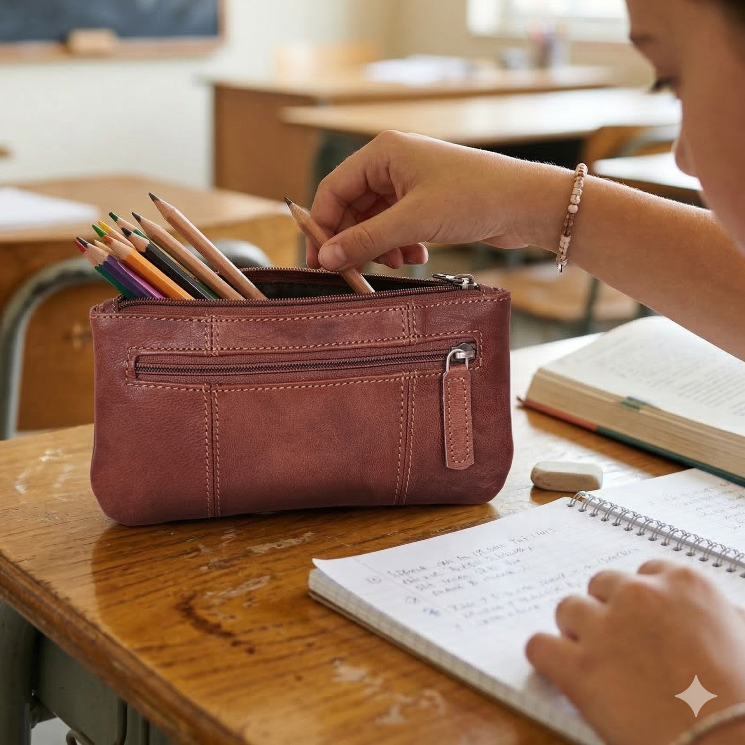 DEKVIO Leather Pencil Case Zipper Pouch Genuine Leather Pen Holder Utility Coin Purse Cosmetic Bag for Men Women