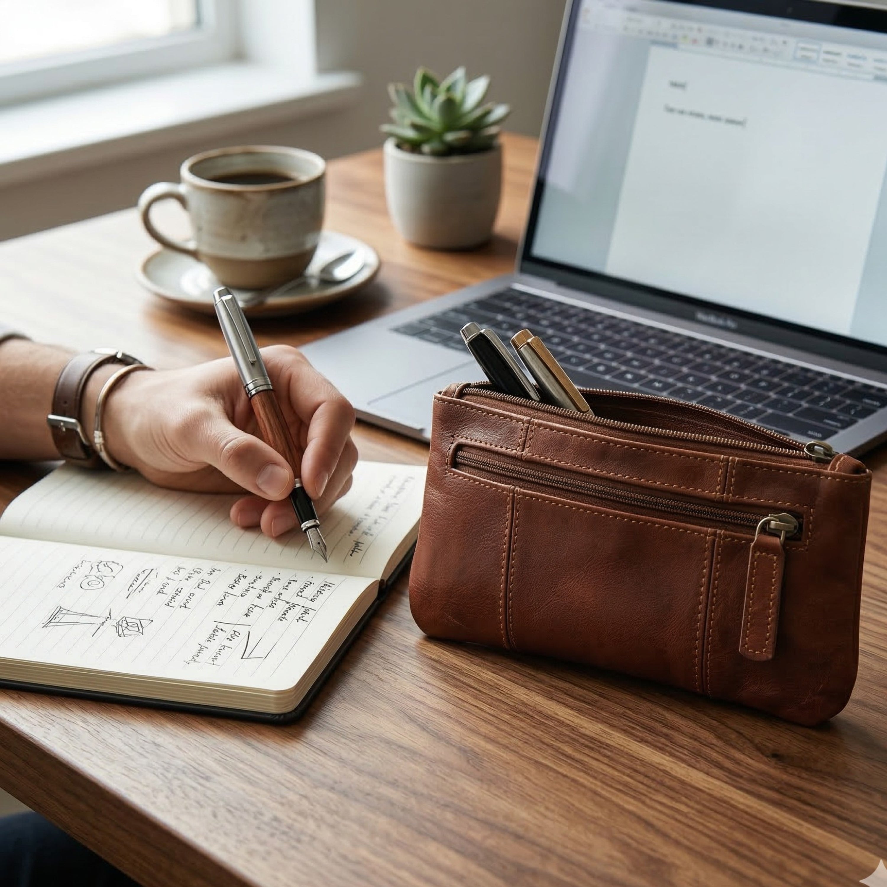 DEKVIO Leather Pencil Case Zipper Pouch Genuine Leather Pen Holder Utility Coin Purse Cosmetic Bag for Men Women
