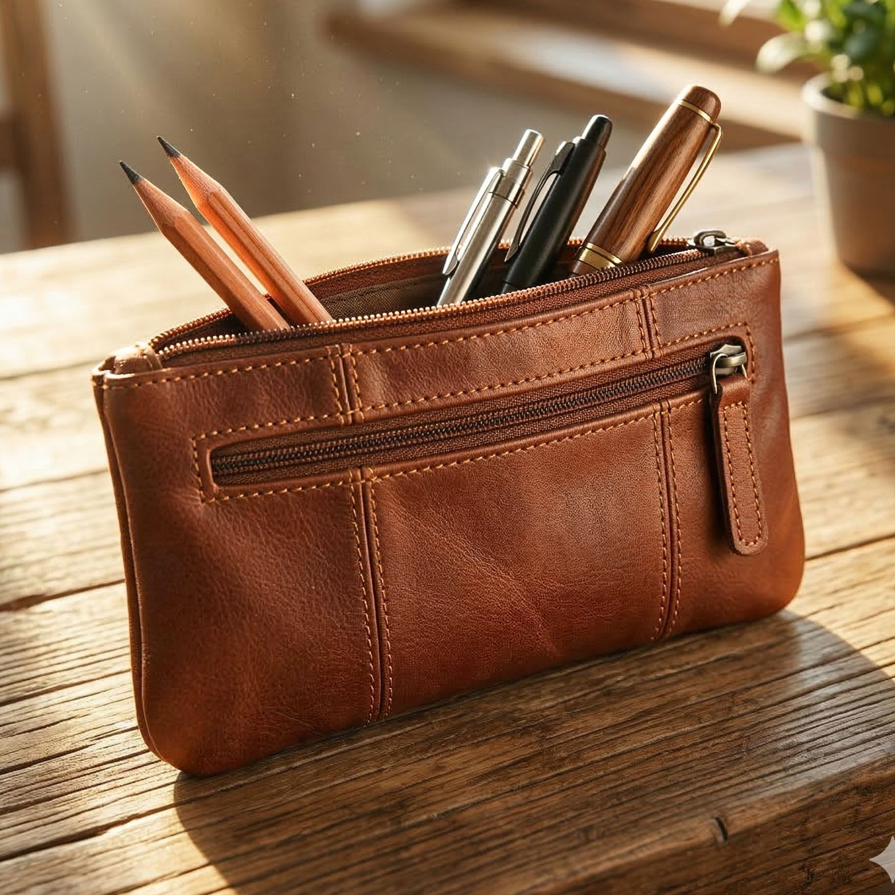 DEKVIO Leather Pencil Case Zipper Pouch Genuine Leather Pen Holder Utility Coin Purse Cosmetic Bag for Men Women