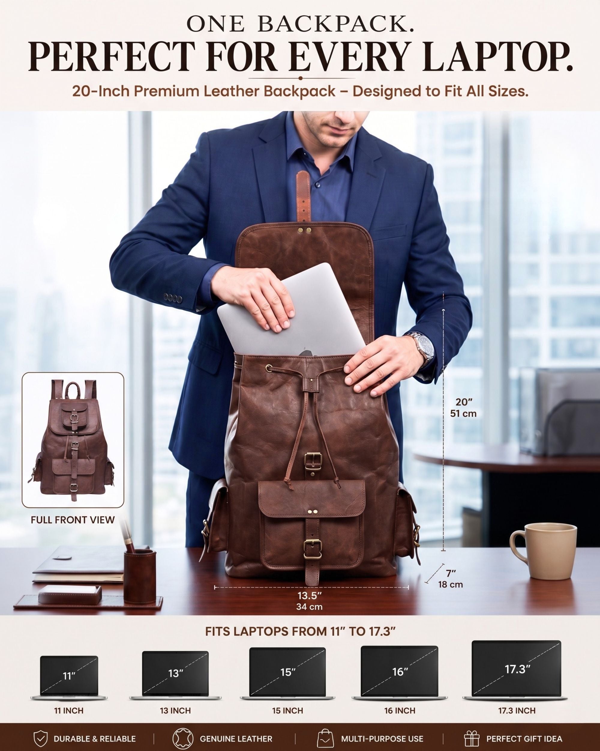 DEKVIO 20" Handcrafted Genuine Leather Backpack | Laptop Rucksack for Men & Women | Travel, Work & College Bag | Brown, Coffee, Tan, Black