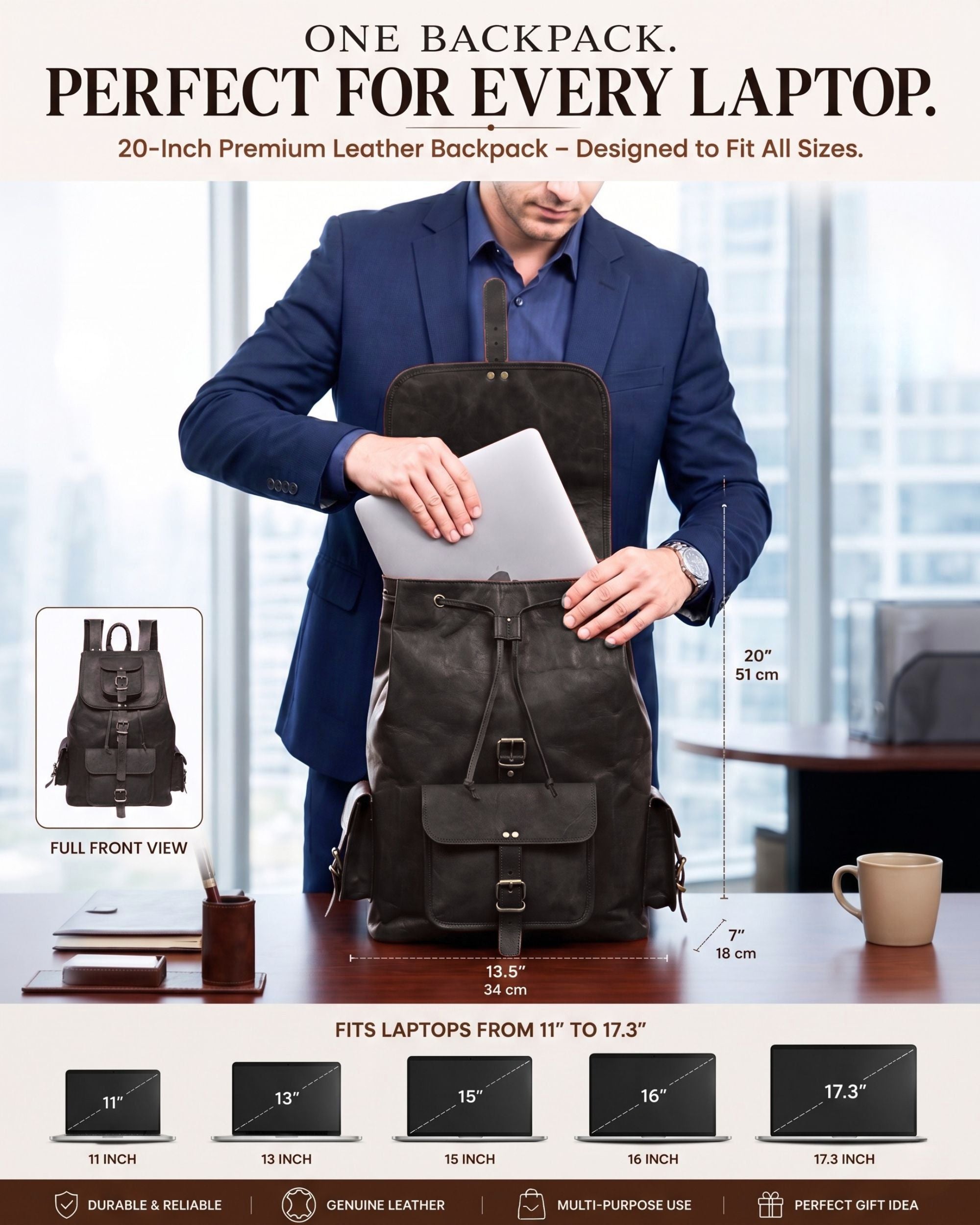 DEKVIO 20" Handcrafted Genuine Leather Backpack | Laptop Rucksack for Men & Women | Travel, Work & College Bag | Brown, Coffee, Tan, Black