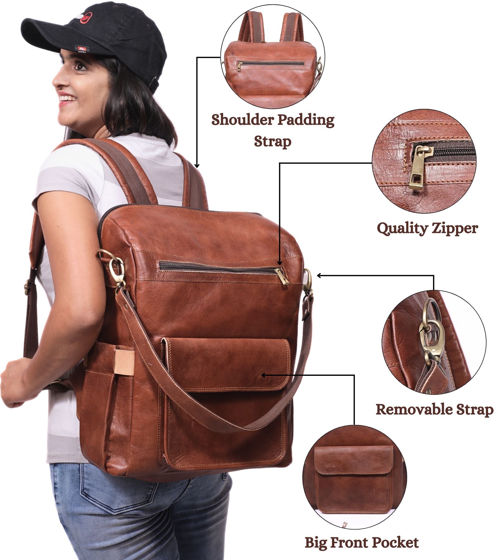 DEKVIO 16" Handcrafted Genuine Leather Backpack for Women | Laptop Rucksack | Travel, Work & College Bag | Brown, Coffee, Tan, Black